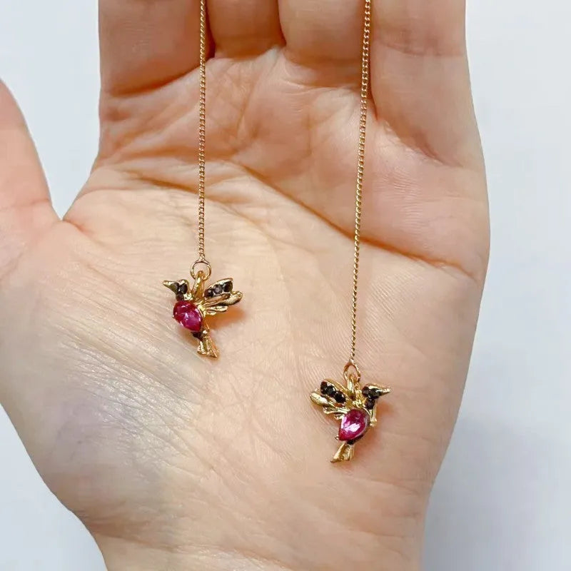 Personalised long drop bird earrings for women in alloy with mixed zirconium wings.