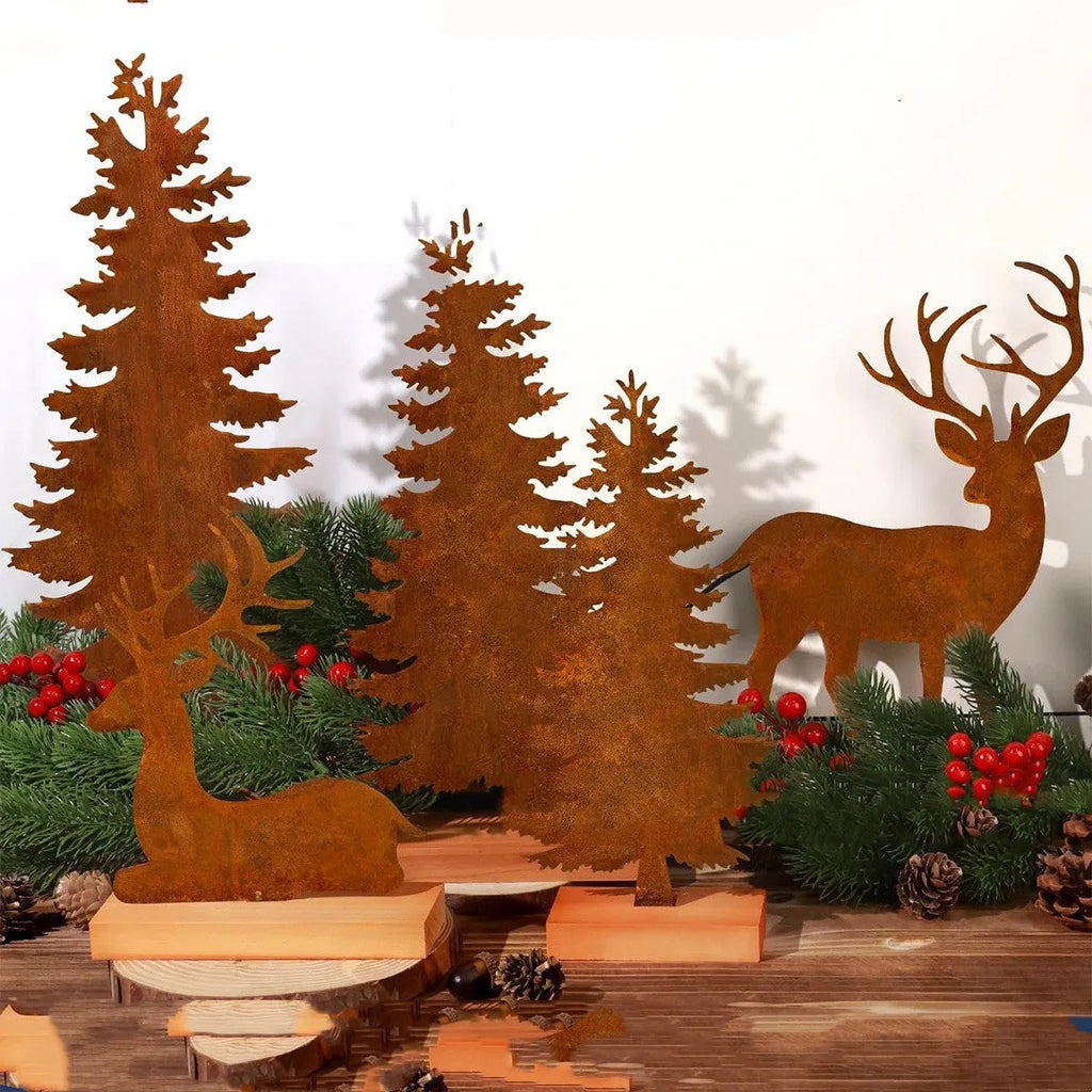 Set of three rustic iron Christmas tree and elk ornaments for holiday decor.