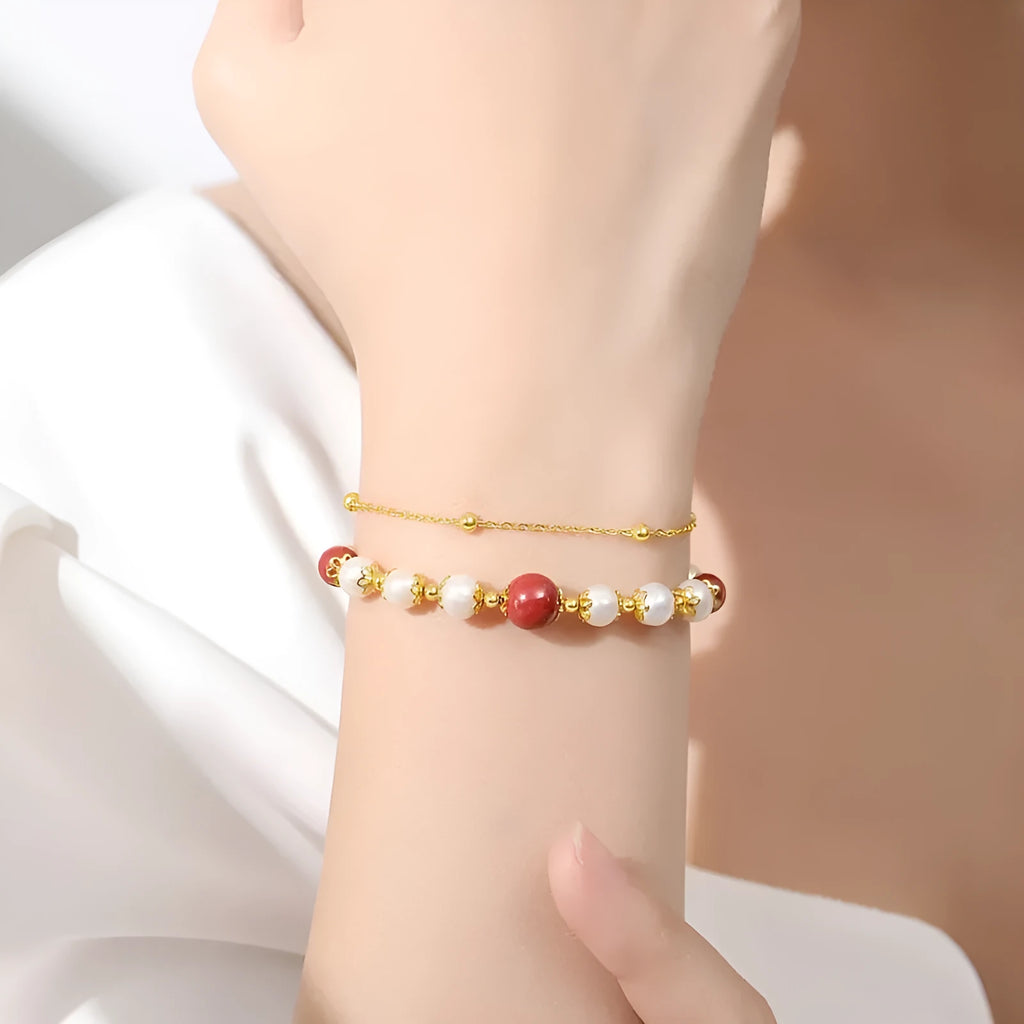 Sterling silver double-layer bracelet with cinnabar red bean and freshwater pearl geometric bean design