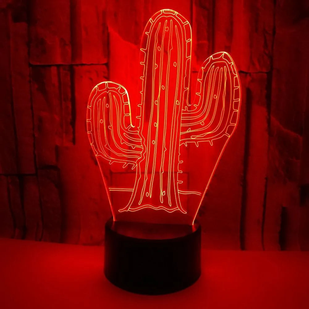 Cactus 3D night light with touch control showing green LED glow on a wooden table