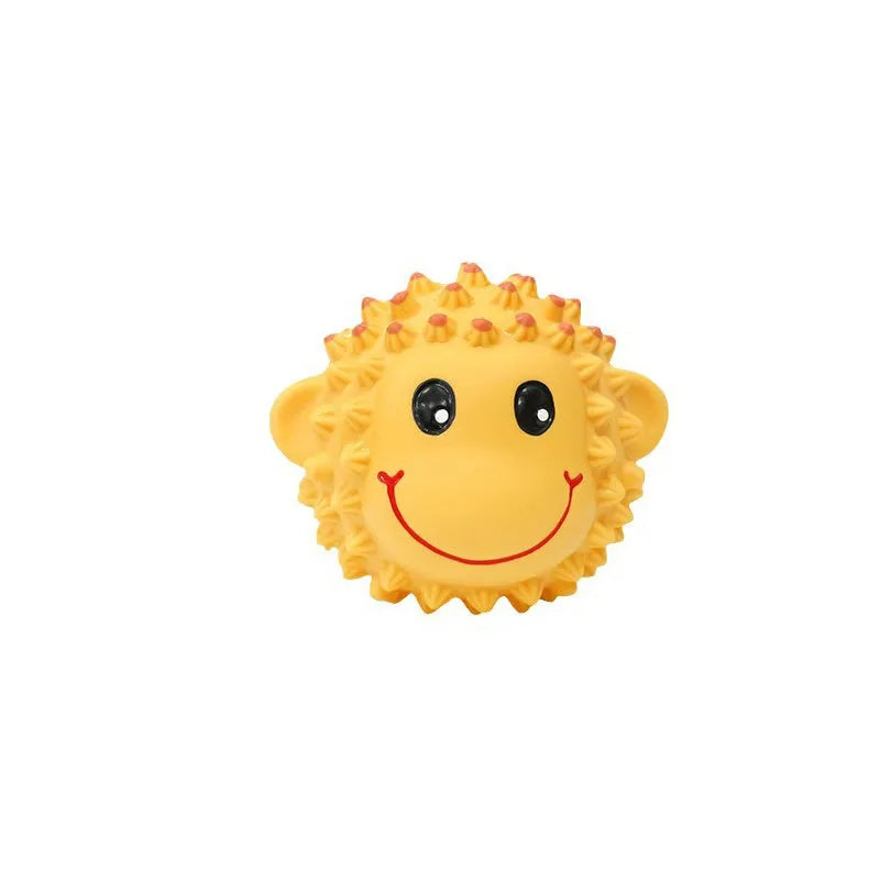 Orange and yellow squeaky latex dog toy with elastic spikes for teeth cleaning