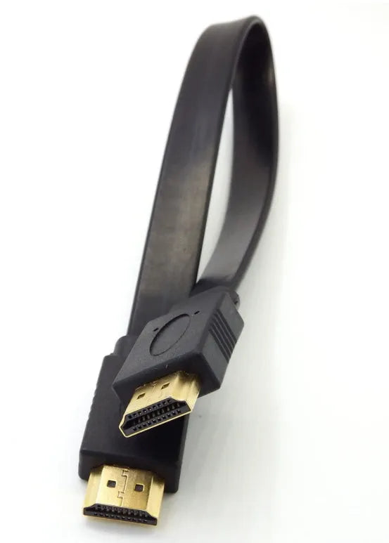 Flat black HDMI cable with male connectors on a white background.