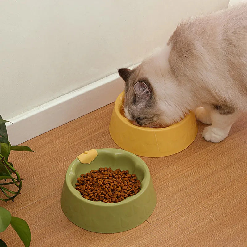 Green plastic double pet bowl for dog and cat food and water on a white surface