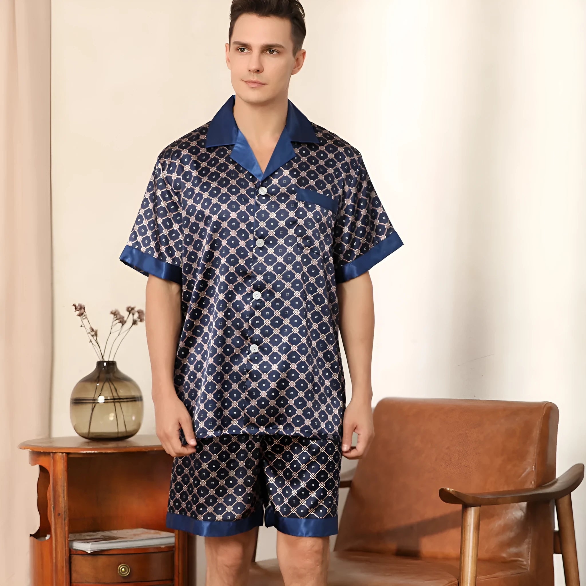 Men's summer printed short-sleeved shorts pyjama set in polyester, dark blue colour, front view