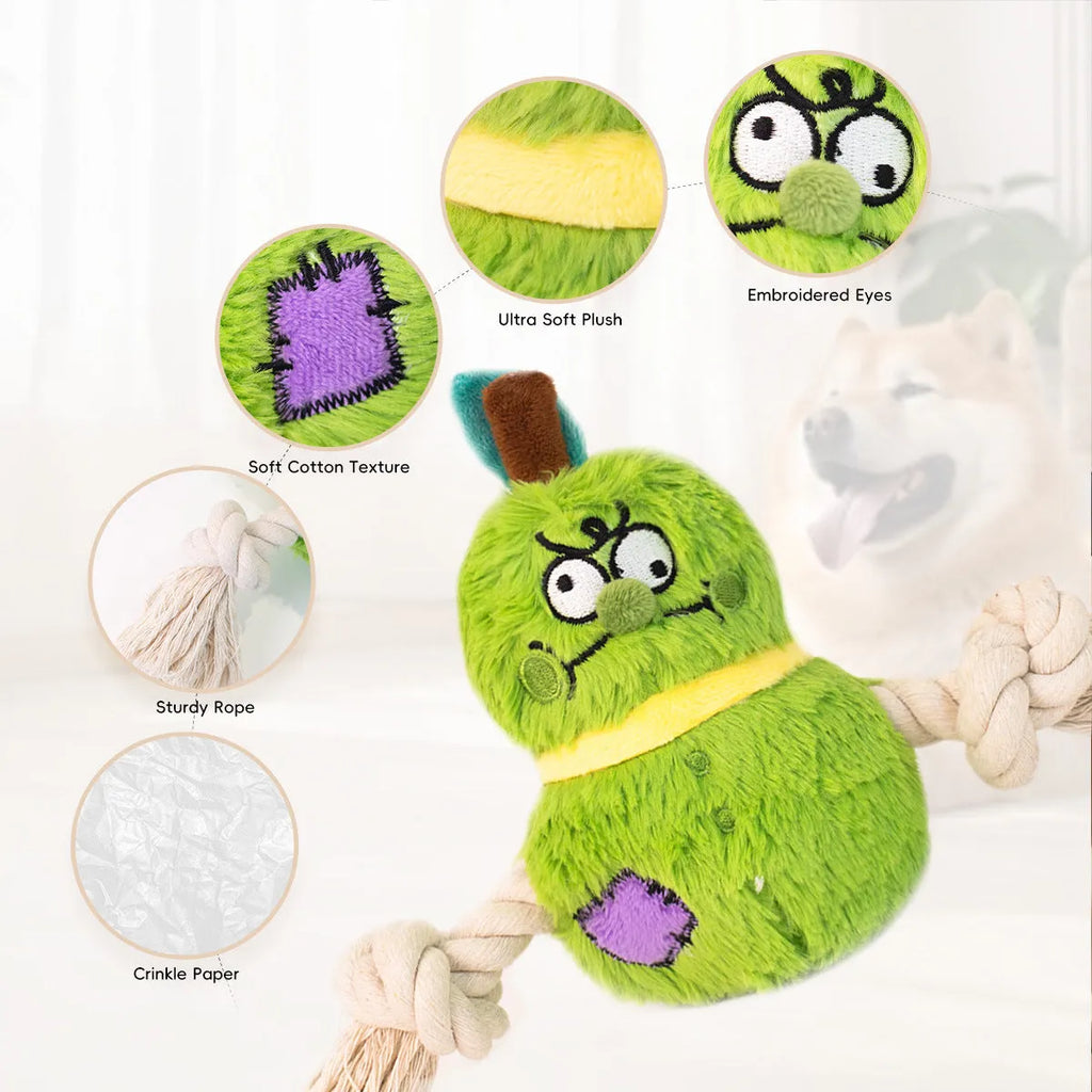 Green interactive plush rope knot dog toy shaped like a bb with molar tooth texture for tug of war.