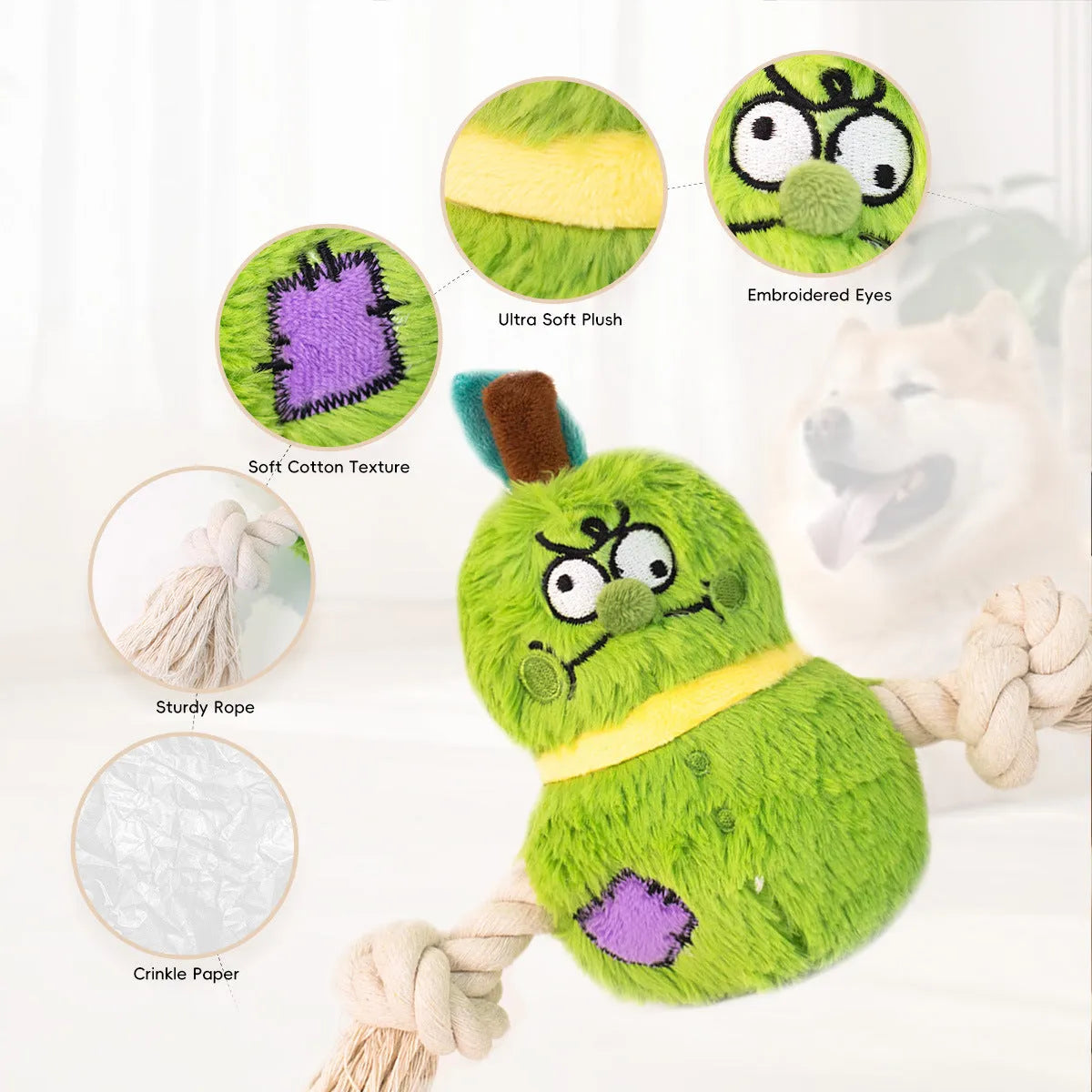 Green interactive plush rope knot dog toy shaped like a bb with molar tooth texture for tug of war.