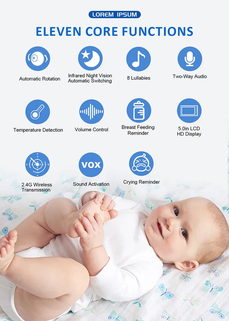 White wireless baby monitor with 5-inch HD screen showing nursery camera footage