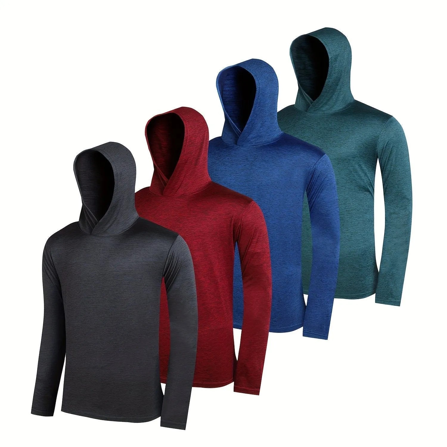 Pack of men's lightweight polyester hoodies in assorted colours on hangers