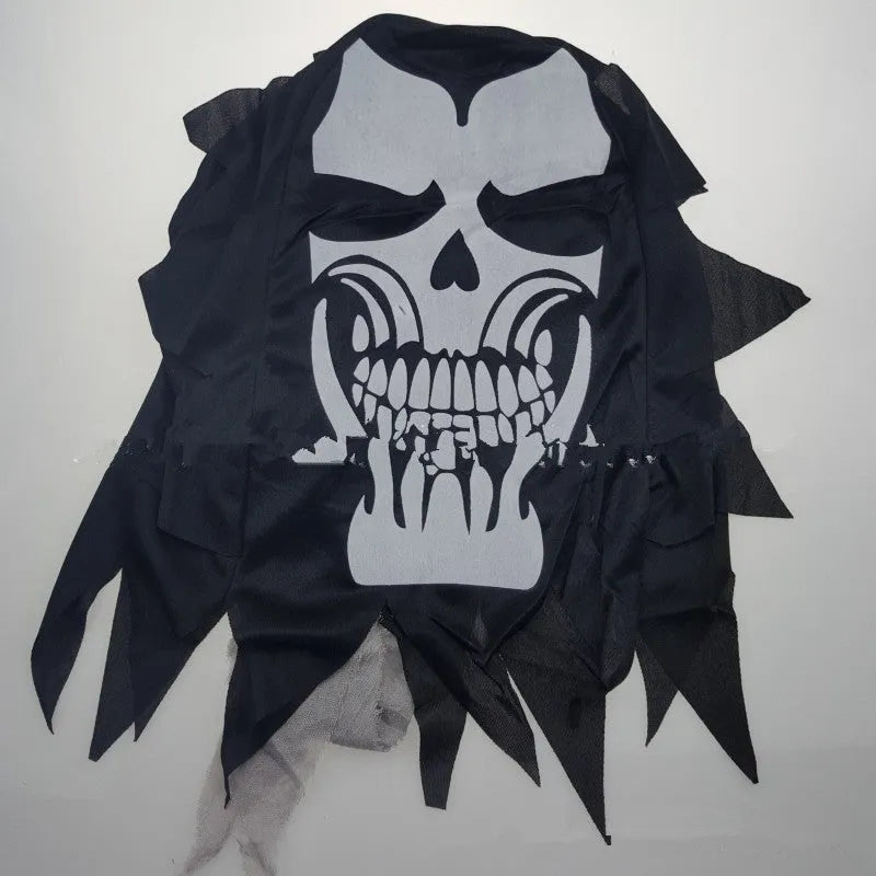 Adult Halloween costume set with ghost headgear, robe, belt, and gloves on display
