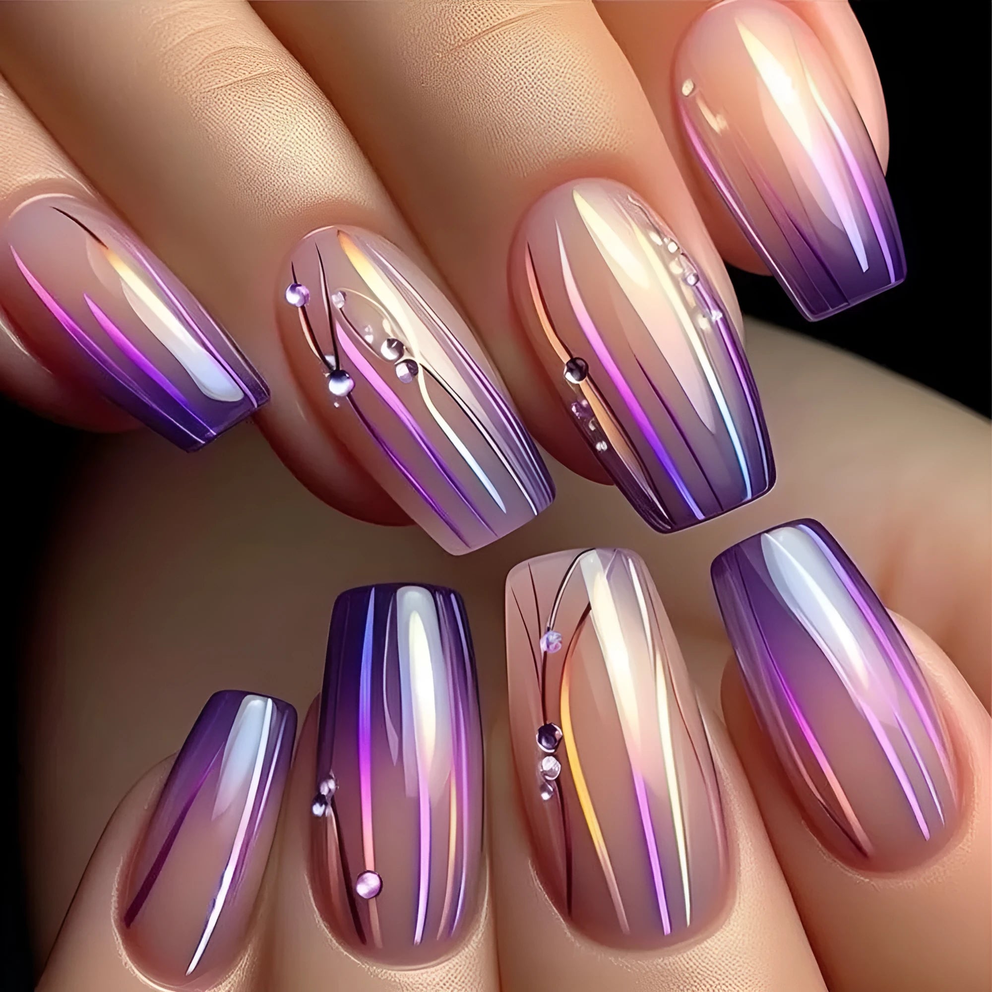 Magic purple gradient starry sky nail art sticker set with 24 designs and jelly glue.