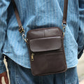 Men's brown genuine leather crossbody shoulder bag with sewing line detailing
