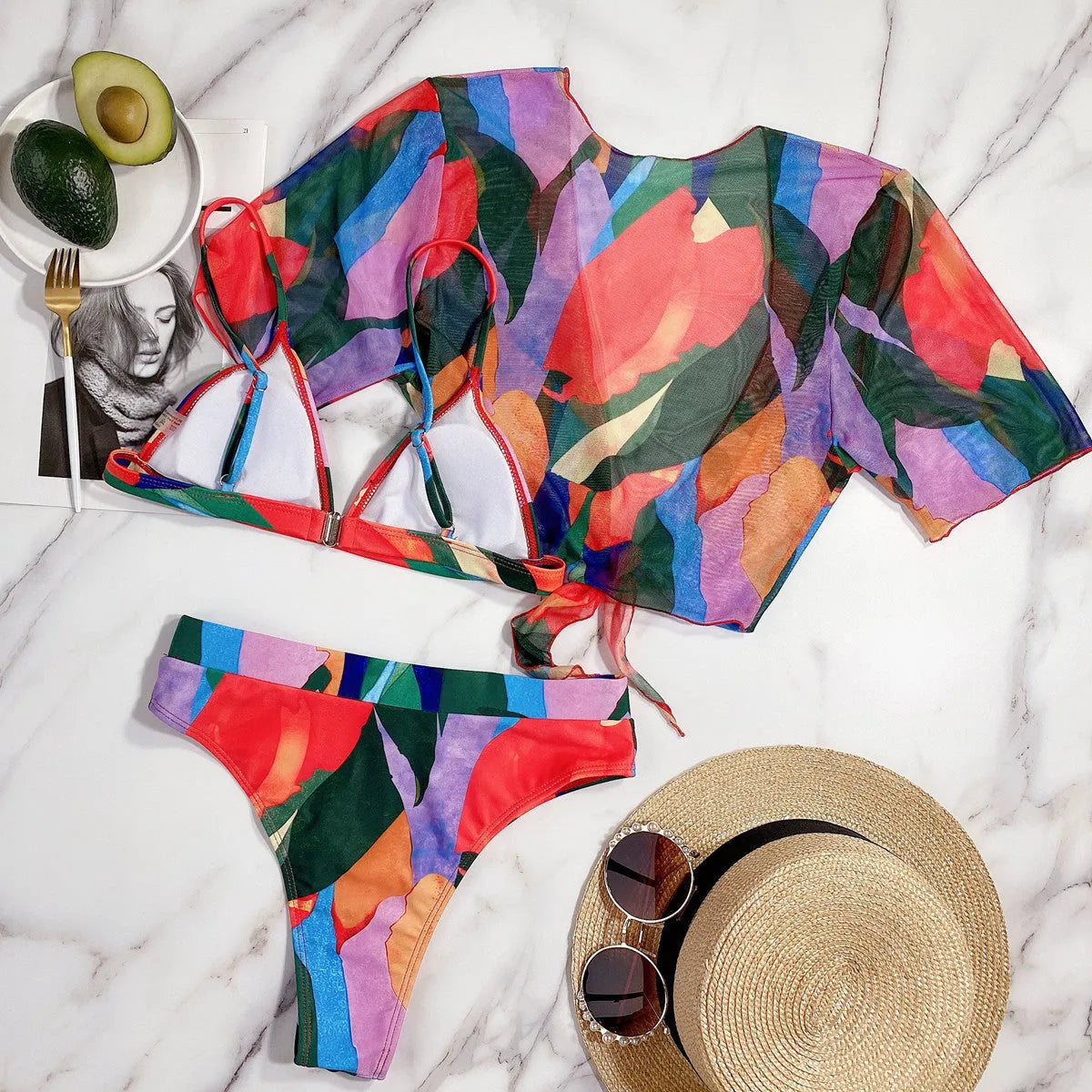 Red printed women's split swimsuit bikini for swimming and casual surfing