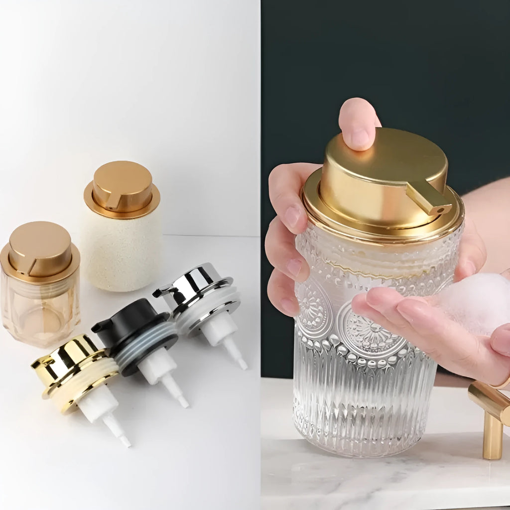 ABS plastic facial cleanser foam pump with large head in gold, silver, and black colour options.