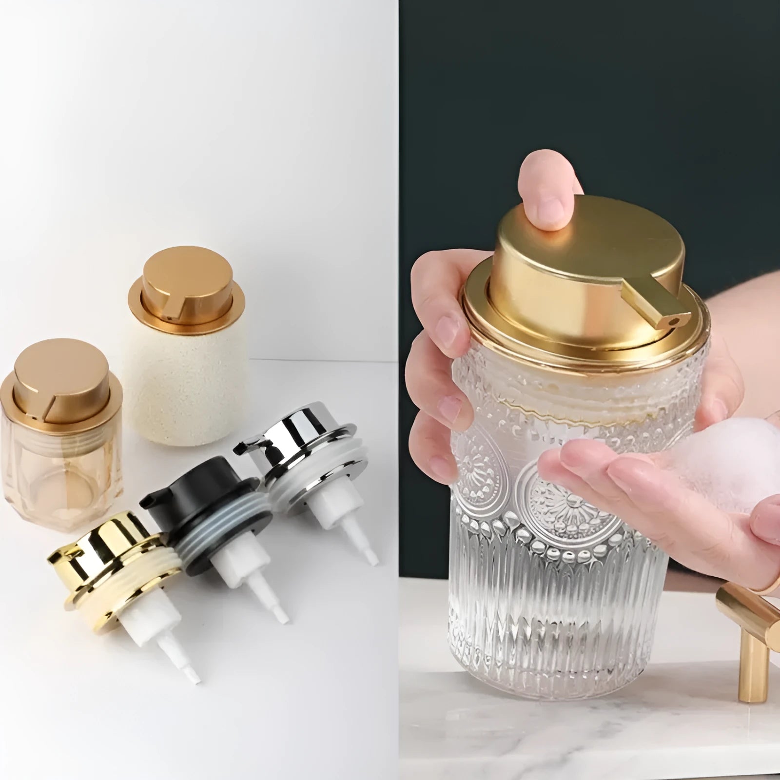 ABS plastic facial cleanser foam pump with large head in gold, silver, and black colour options.