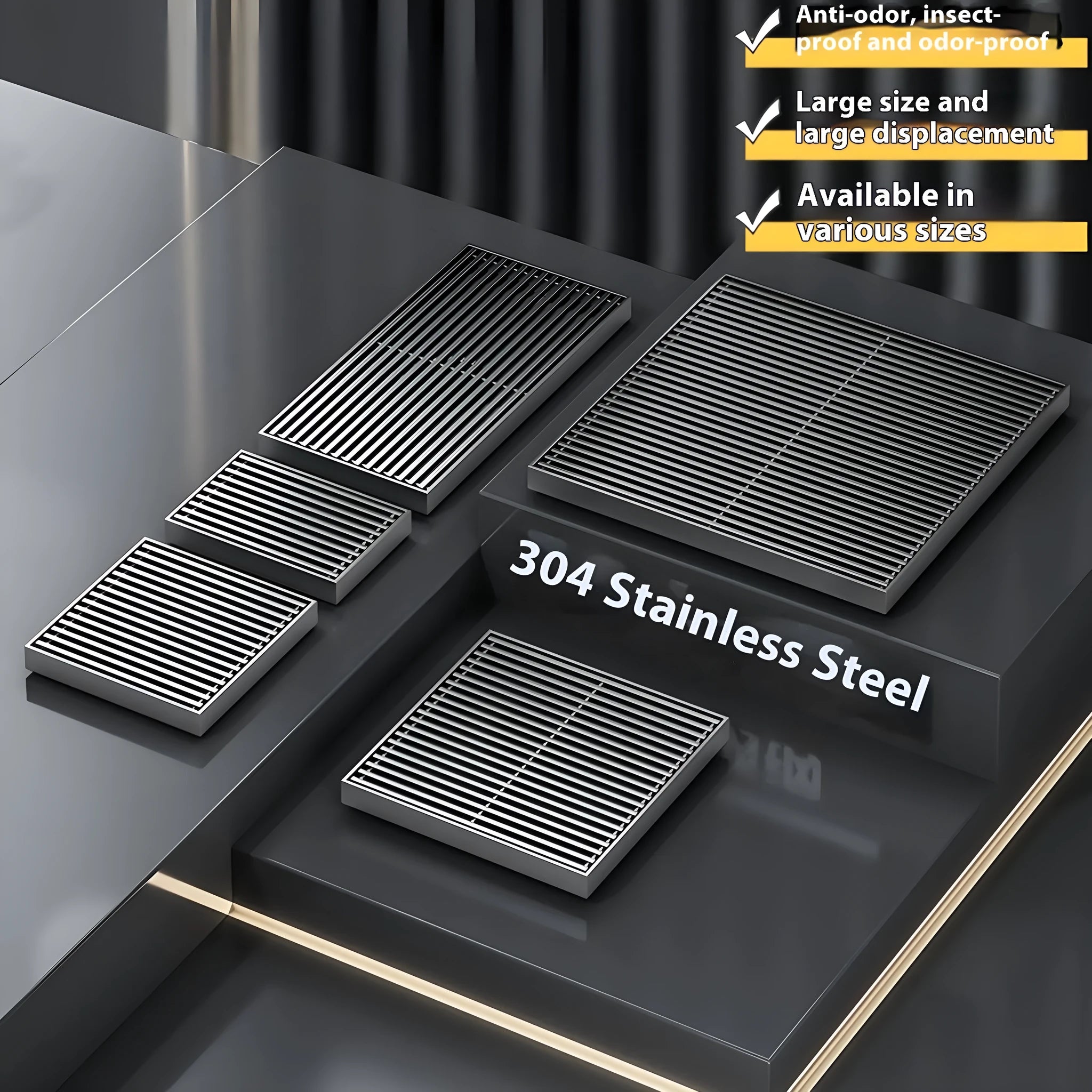 Gun grey 304 stainless steel courtyard floor drain with a square 15x15 cm plastic core.