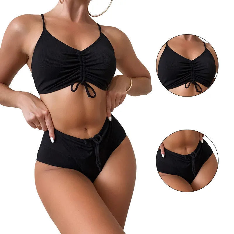 Black women's bikini swimsuit with sling split high waist shorts and sleeveless top