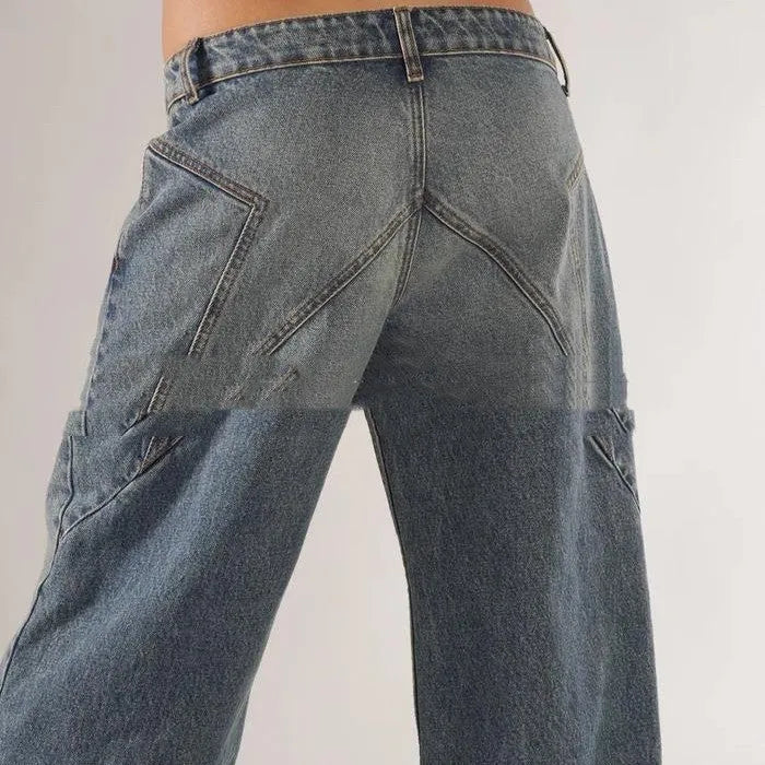 Loose straight wide leg cotton mop trousers in blue with low waist and splicing detail