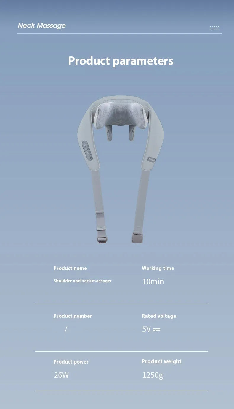 Grey elastic fabric USB neck and back massager with two speed settings and infrared function.