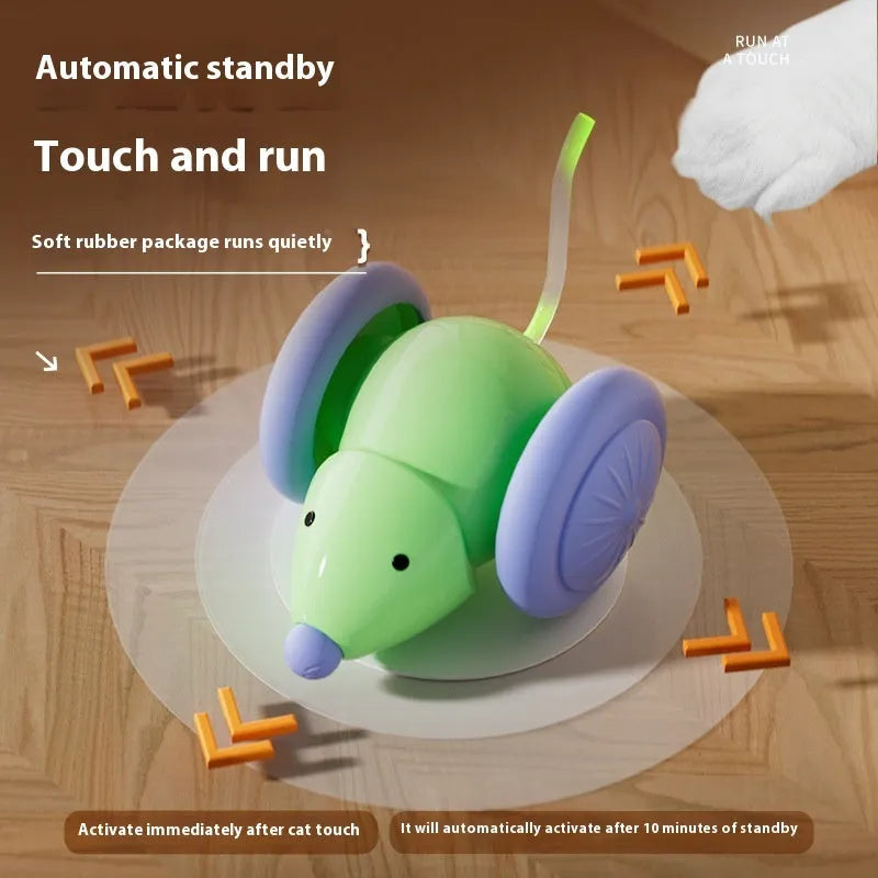 Interactive cat toy electric mouse car in green and white with obstacle avoidance on a living room floor