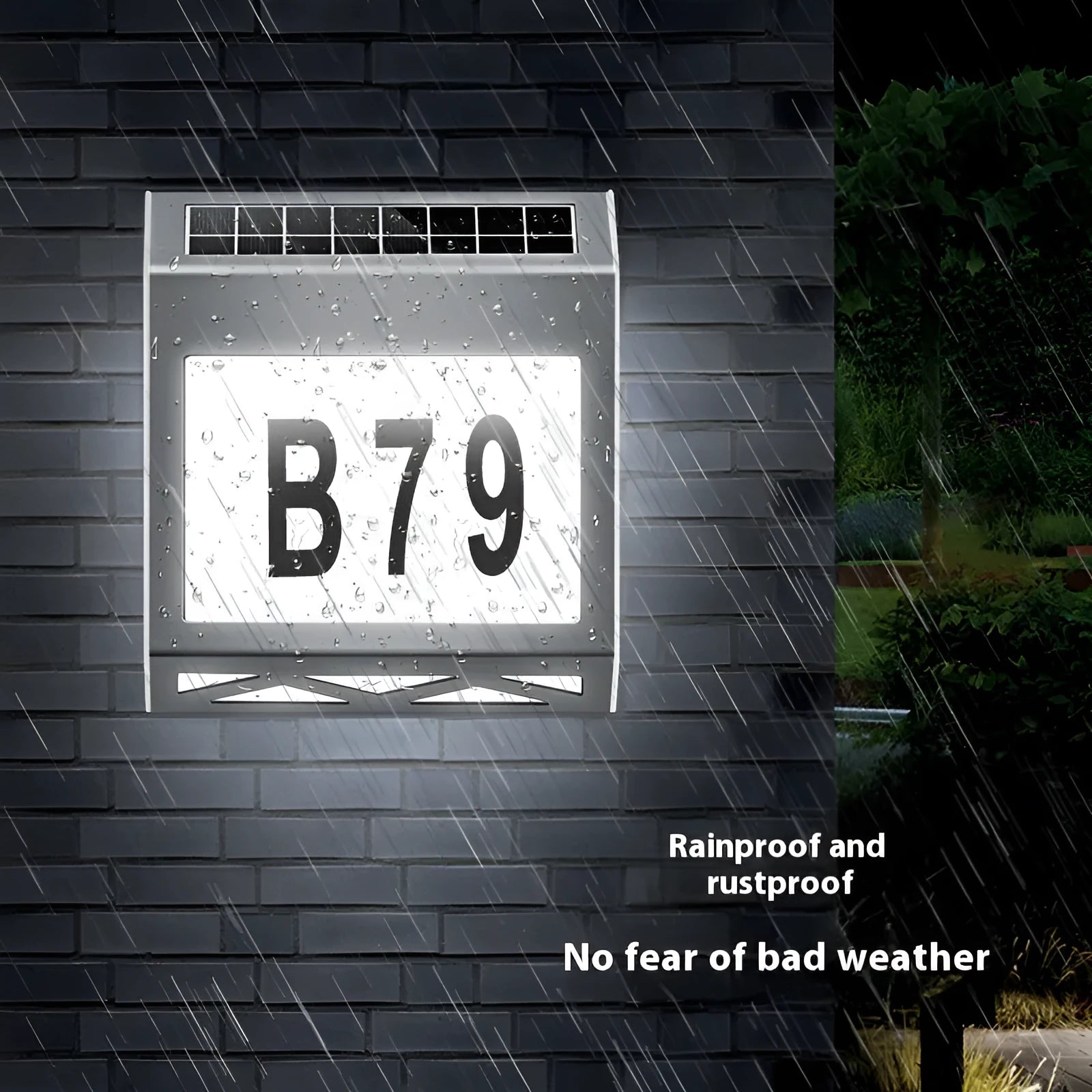 Black solar-powered metal doorplate light with LED house numbers and digital clock display
