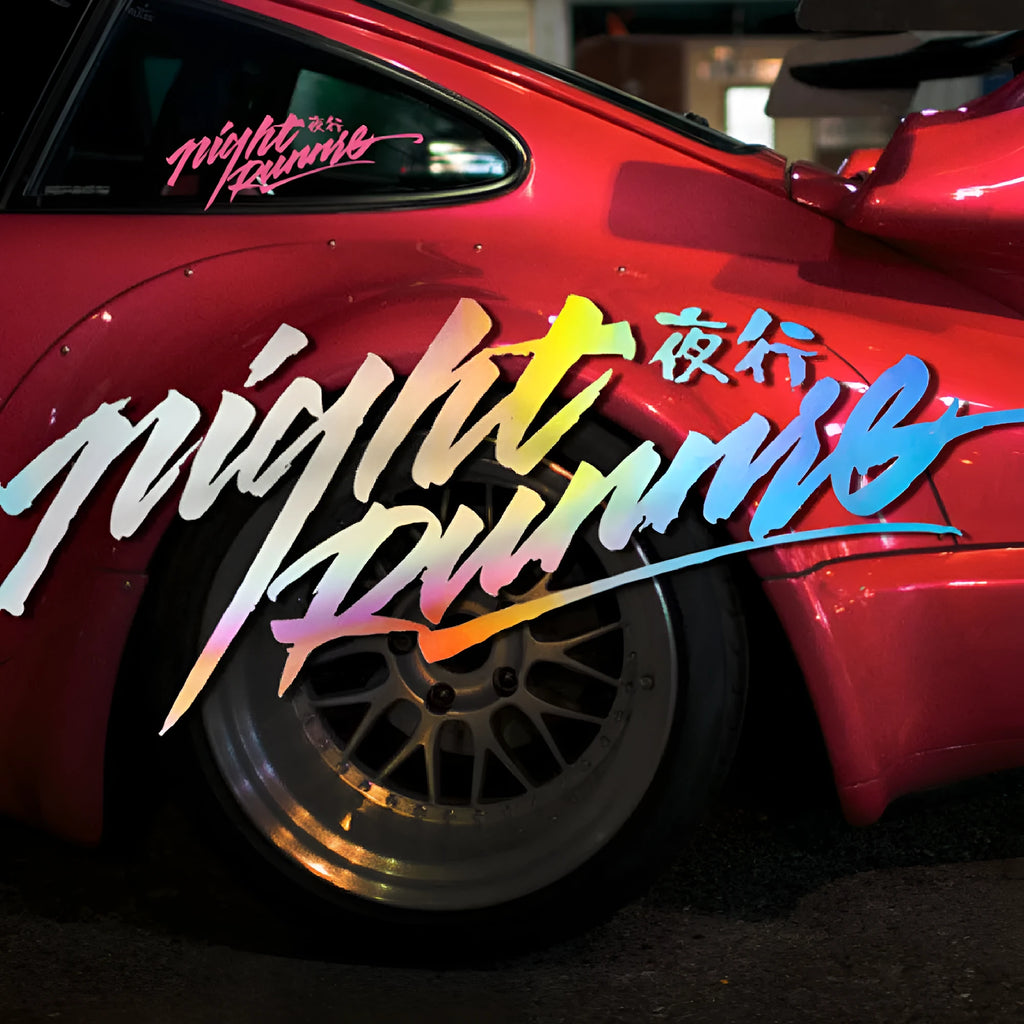 Nightwalker Car Decal rear windscreen sticker shown in black, colourful, and pink colour options.