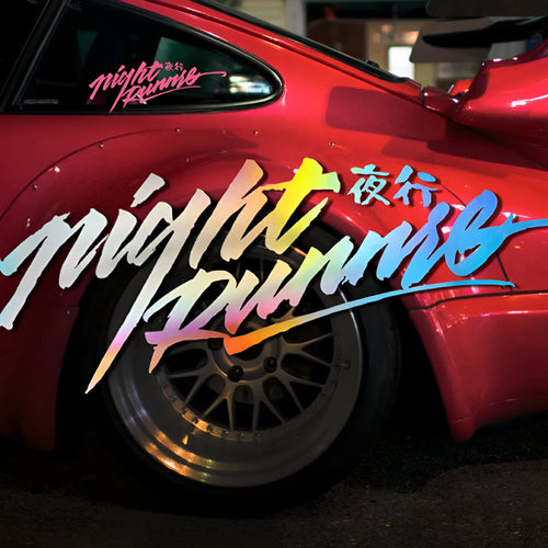 Nightwalker Car Decal rear windscreen sticker shown in black, colourful, and pink colour options.