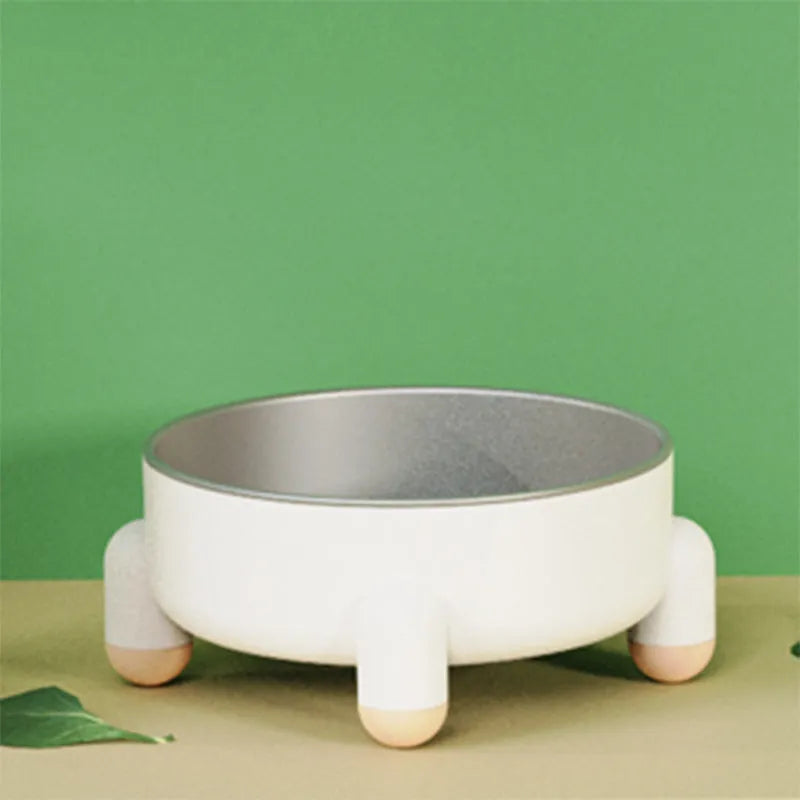 Green stainless steel pet bowl with a high foot and non-slip silicone base on a floor