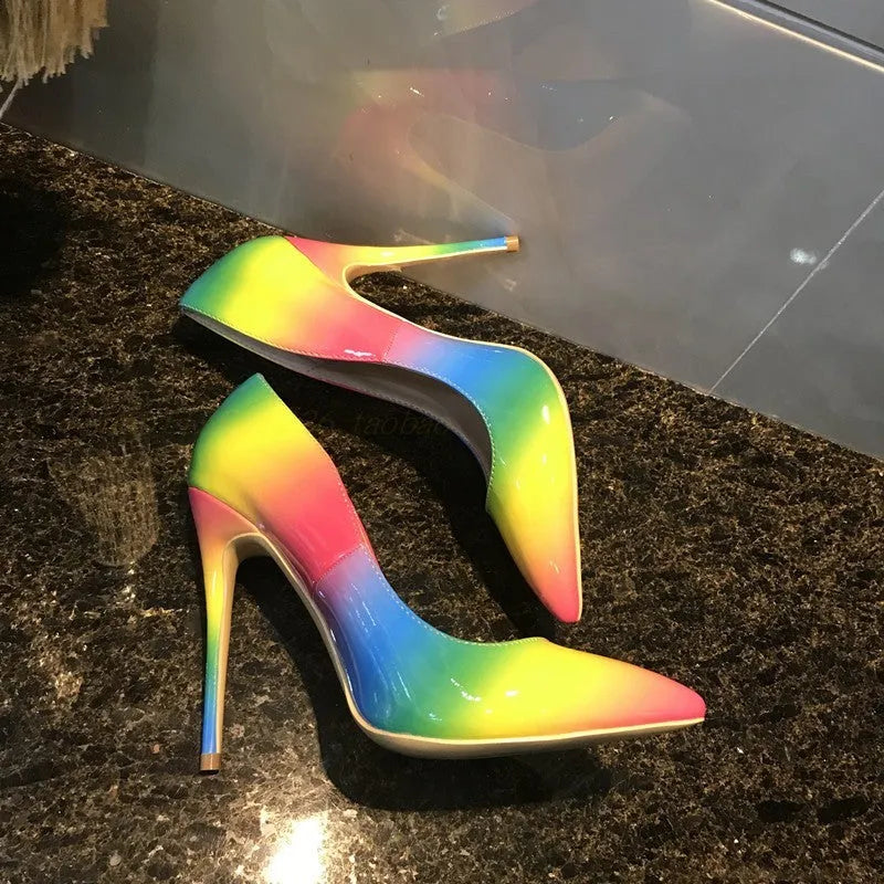 Rainbow patent leather high heels with pointed toe and thin heel in 10cm or 12cm options.