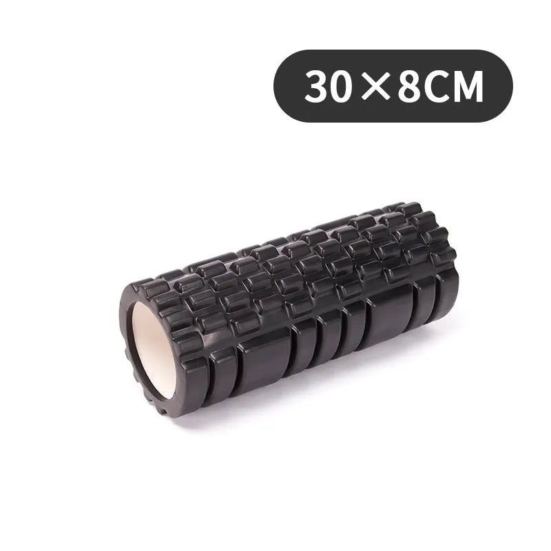 EVA foam roller for fitness recovery in black, shown alongside grey and pink colour options.