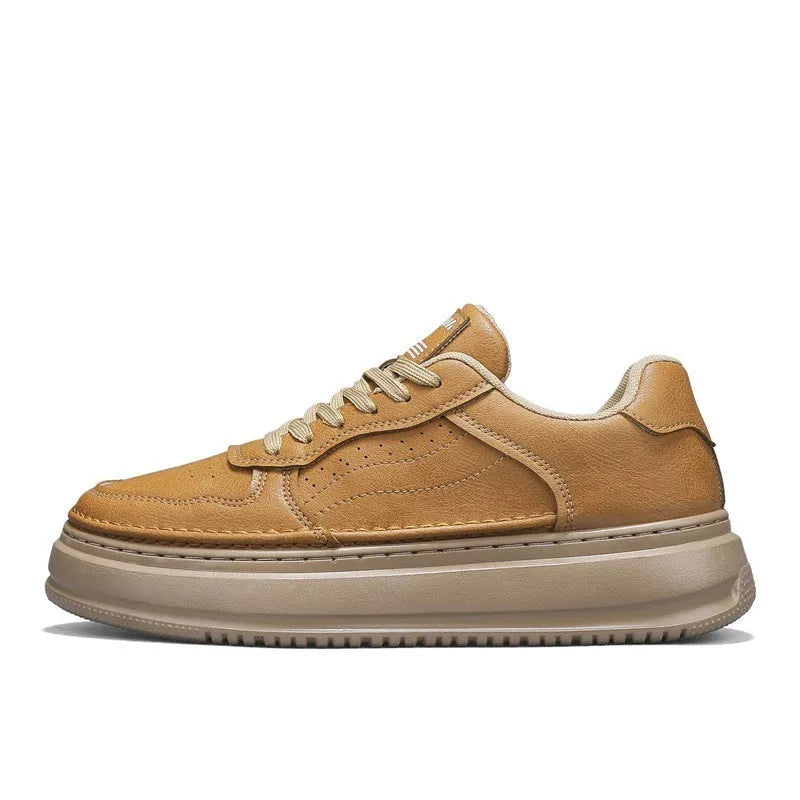 Leather British retro men's casual shoes in black, gray, and khaki with low heel thick sole