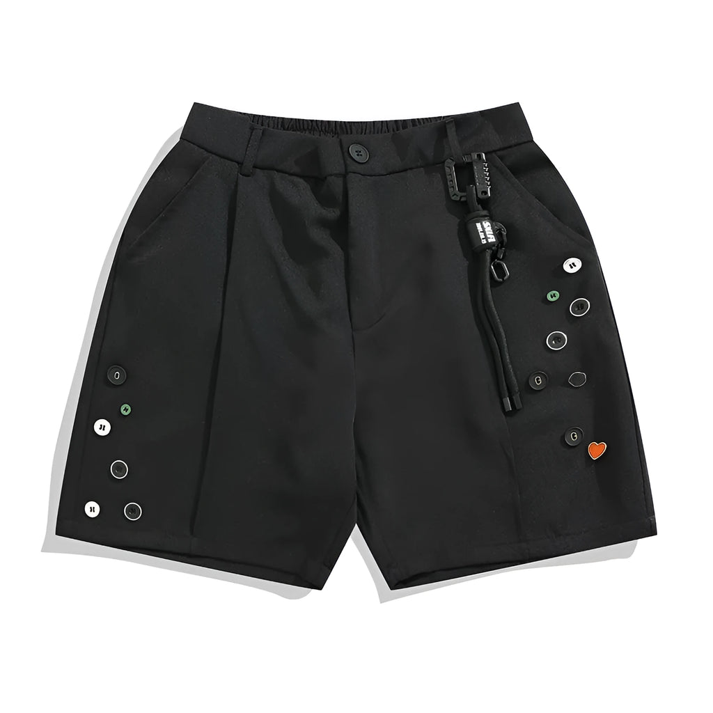Men's black semi-elastic shorts with loose straight-leg fit and mid waist