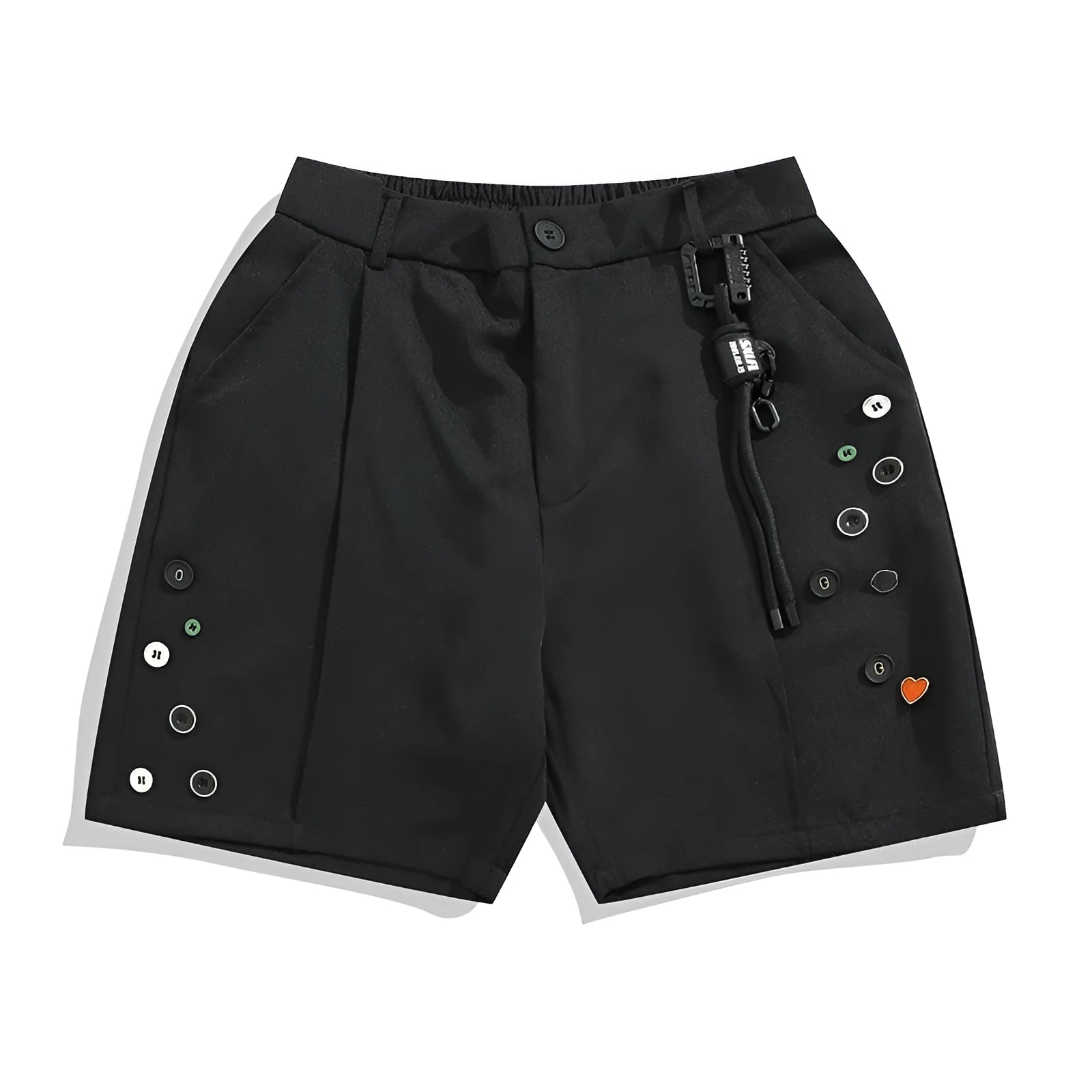 Men's black semi-elastic shorts with loose straight-leg fit and mid waist