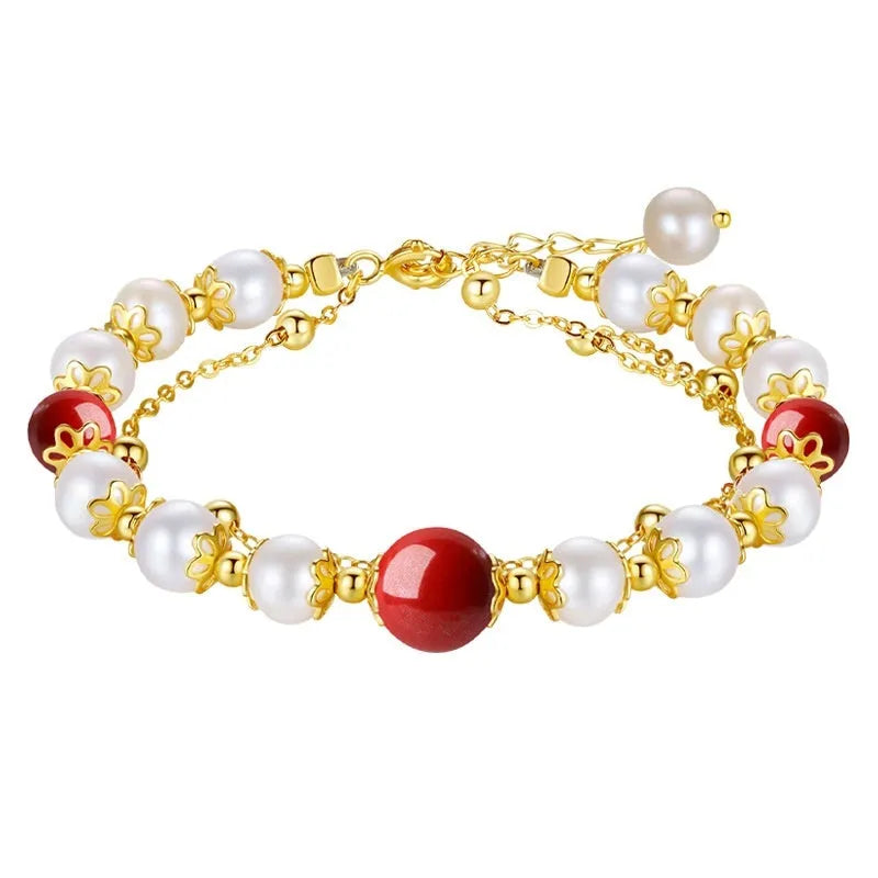 Sterling silver double-layer bracelet with cinnabar red bean and freshwater pearl geometric bean design