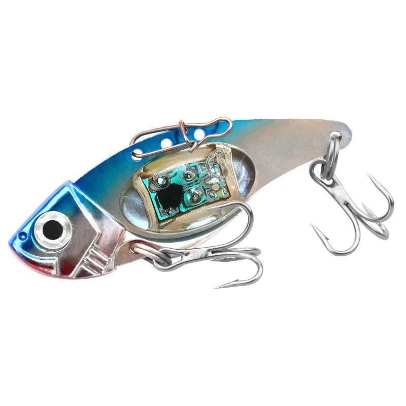 Electronic fishing lure with luminous metal vib in blue and red body options