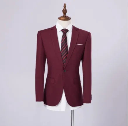 Men's single-breasted flat collar business suit set in dark blue with jacket and trousers on display