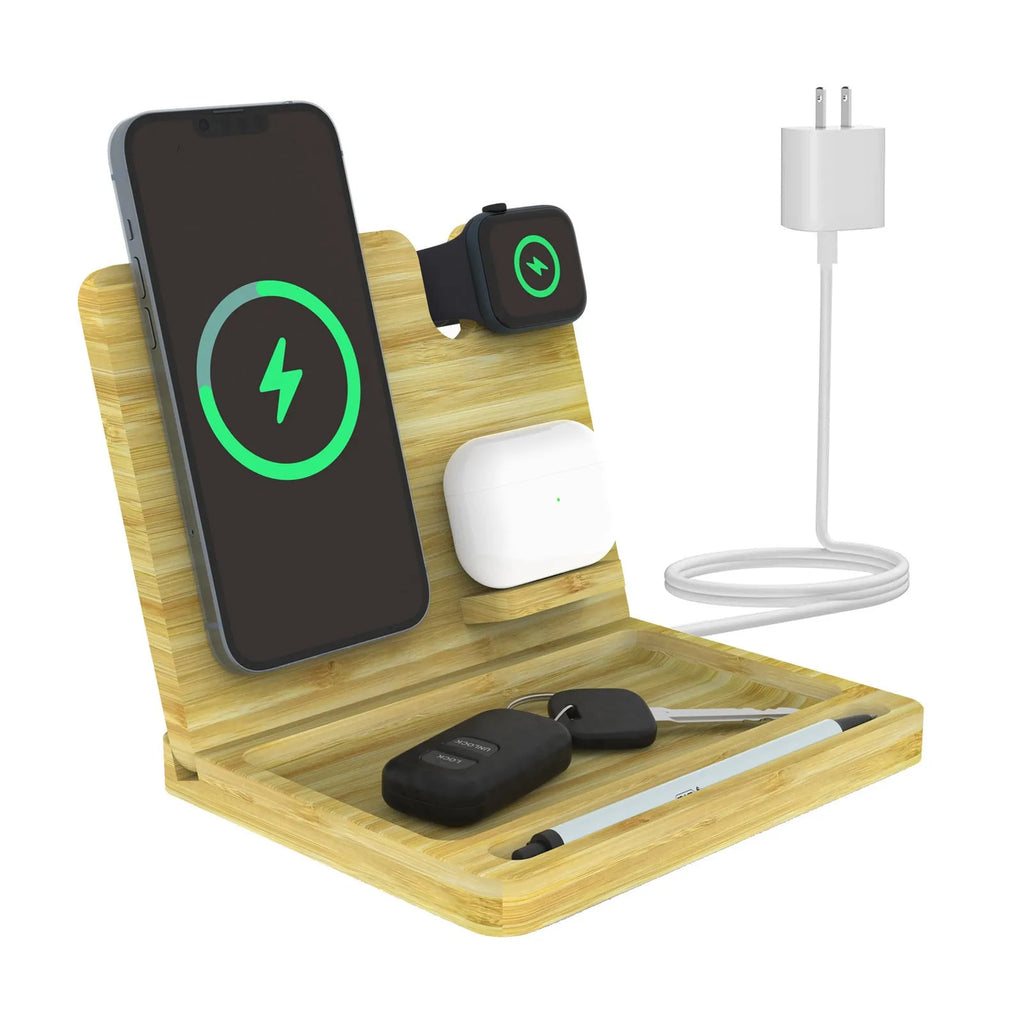 Bamboo 3-in-1 magnetic wireless charger storage bracket with phone, AirPods and Apple Watch on a desk with keys and coins in tray