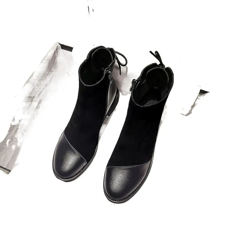Women's black knee-high soft leather martin boots with side zipper and bow detail