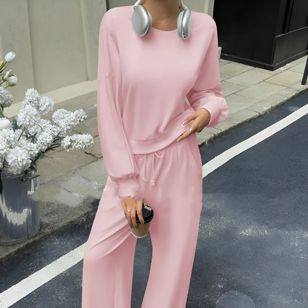 Women's solid colour polyester two-piece trouser set with long sleeve top and matching trousers in street hipster style