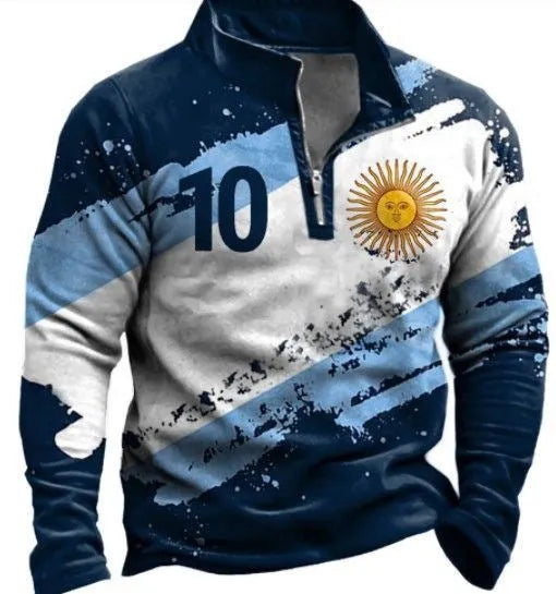 Men's loose fit long sleeve t-shirt with retro striped printing and zipper details