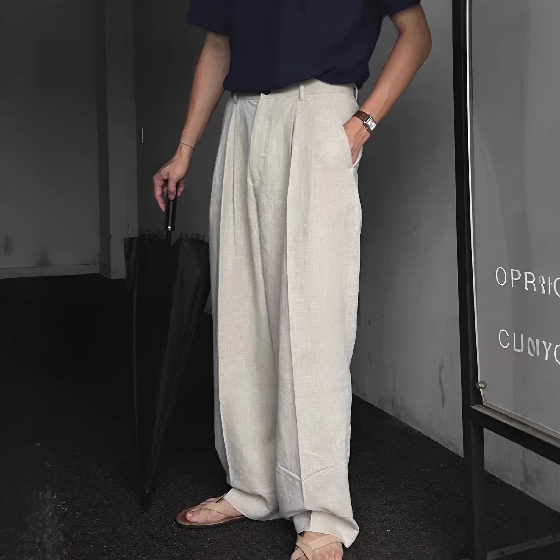 Men's Korean-style loose fit cotton linen trousers in apricot, army green and purplish blue colours