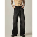Black loose straight leg men's jeans with retro styling and zipper fly