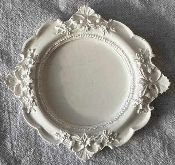 Vintage French relief gypsum jewellery display plate with sculptural plaster design and white matte finish