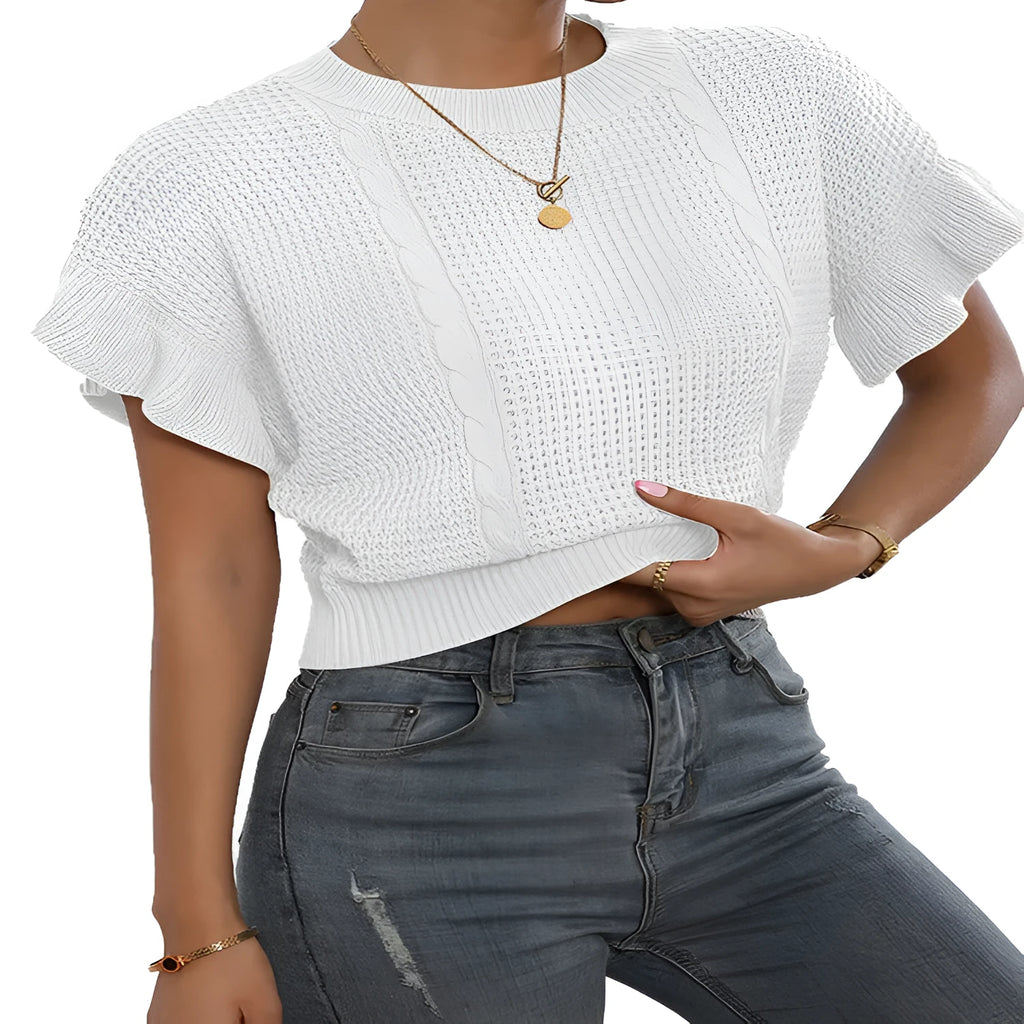 White knitted pullover sweater with twisted string ruffled short sleeves and round neck design