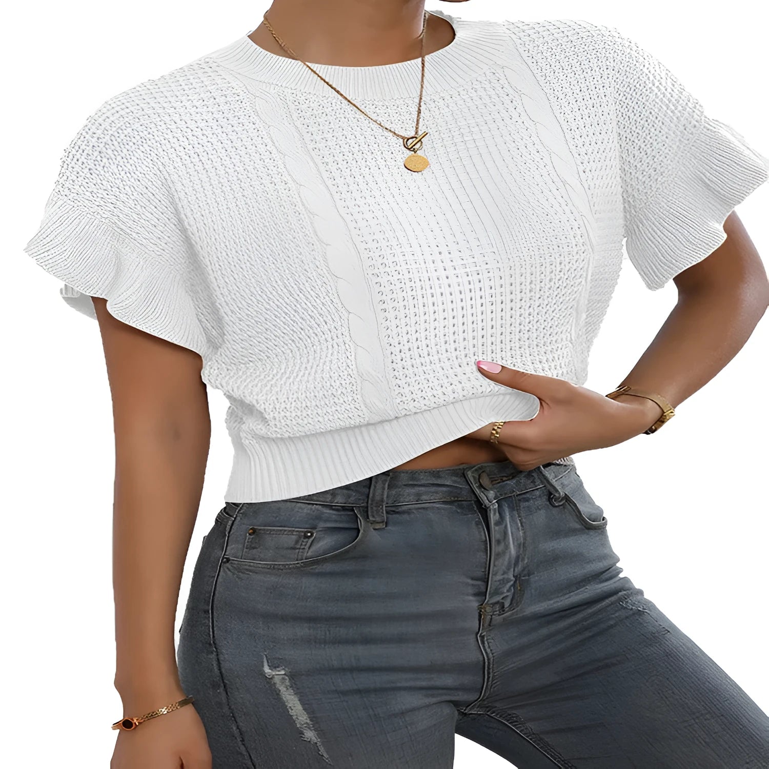 White knitted pullover sweater with twisted string ruffled short sleeves and round neck design