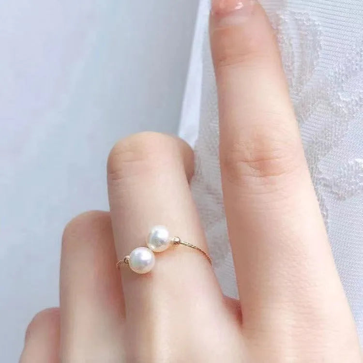 18K gold pearl elastic ring with Au750 purity, white pearl inlay, adjustable band