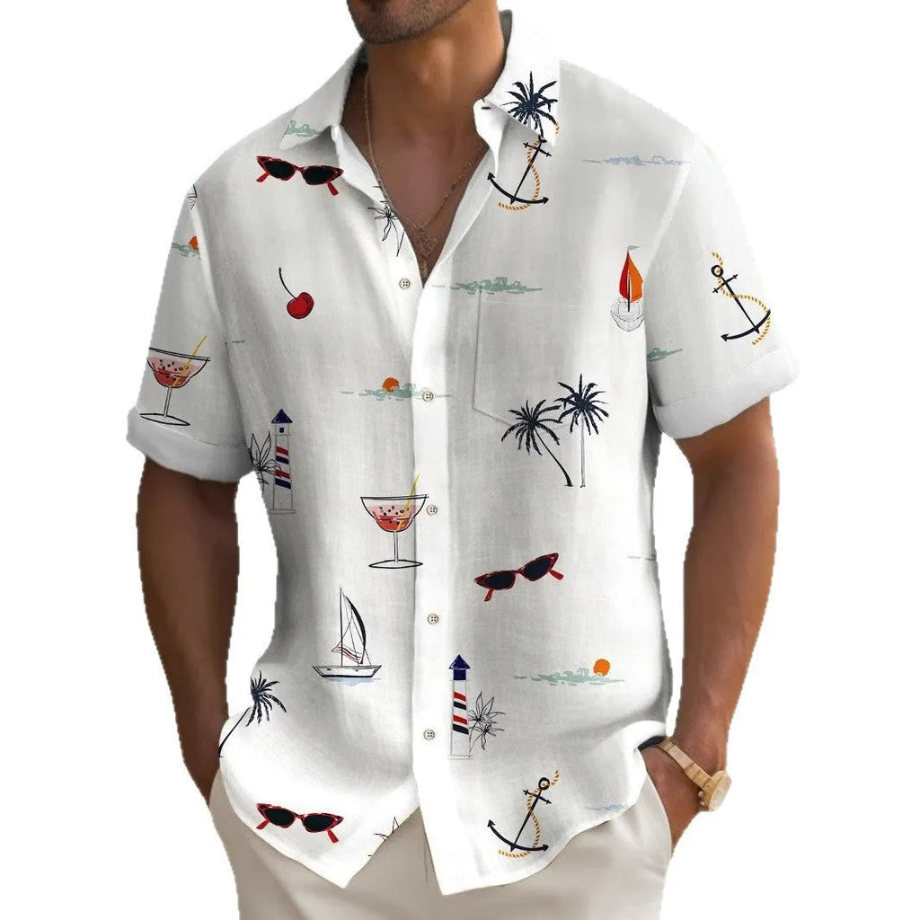 Man wearing a loose-fit digital print Hawaiian shirt in a vibrant colour.