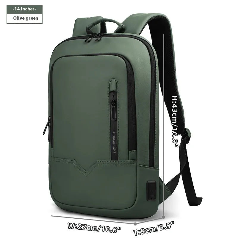 Solid colour polyester laptop backpack with USB charging port shown in olive green.