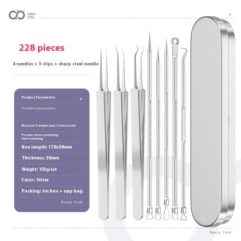 Four-piece silver metal acne needle set with fine-pointed needles and a clip for skin blemish removal.