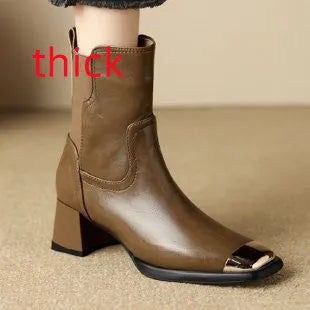 Brown women's high heel Martin ankle boots made of cowhide leather with a side zip.