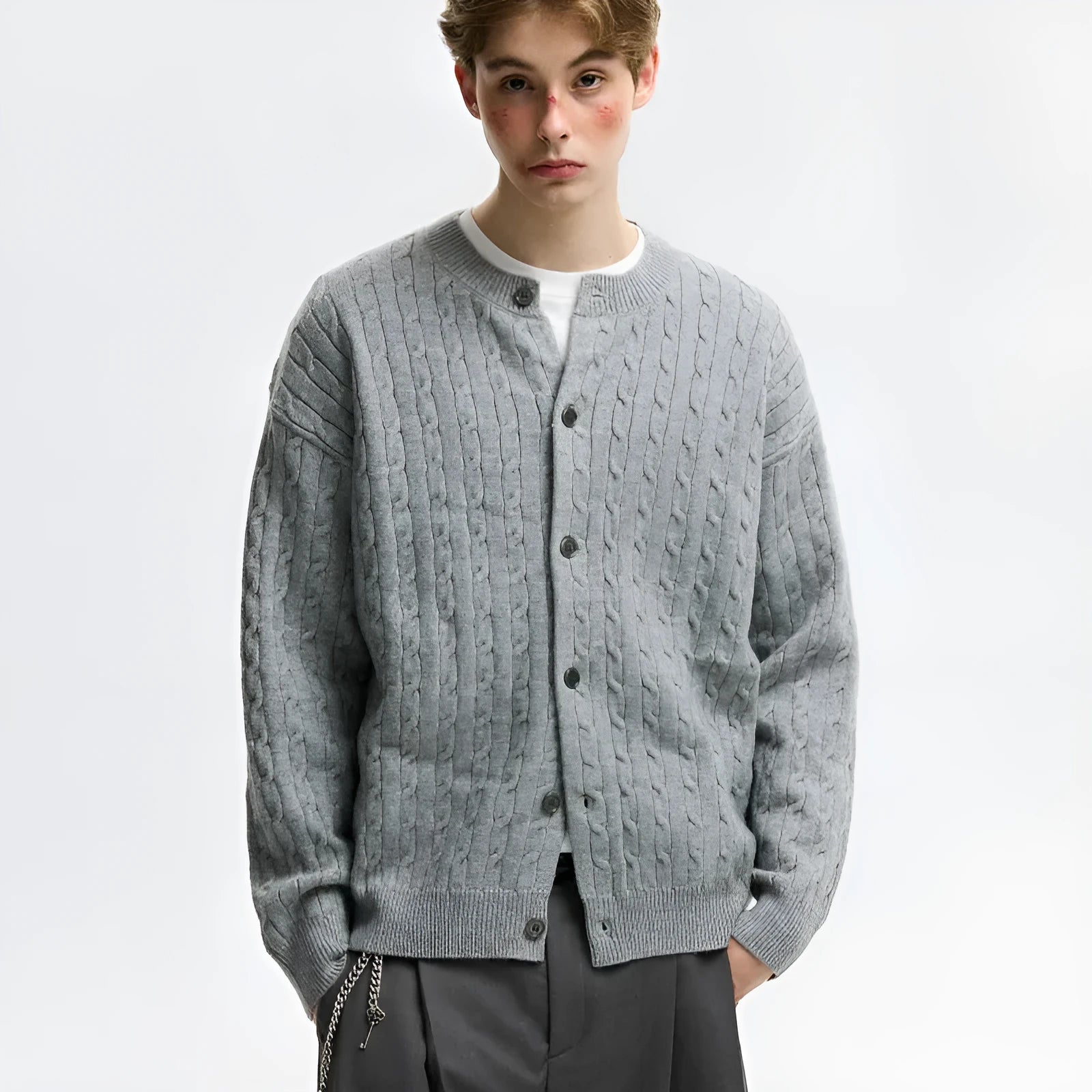 Twisted solid colour sweater cardigan for men and women in loose fit polyester, available in red navy blue blue white light floral gray